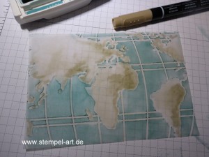 Stampin up Weltkarte nach StempelART, Aus der Kreativkiste, Pergamentpapier prägen und färben, Willkommen im Team, bebilderte Anleitung, Tutorial